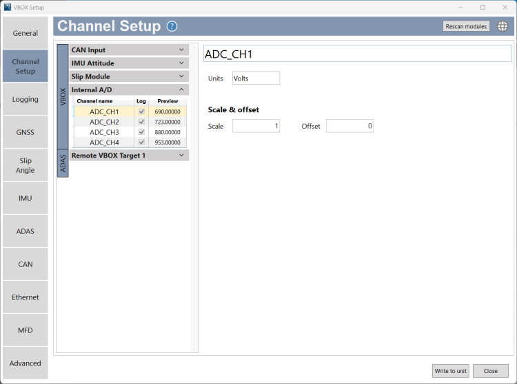 Screenshot of the Channel Configuration menu in VBOX Setup software when connection to VBOX 4 ADAS with an ADAS Visual Sensor.