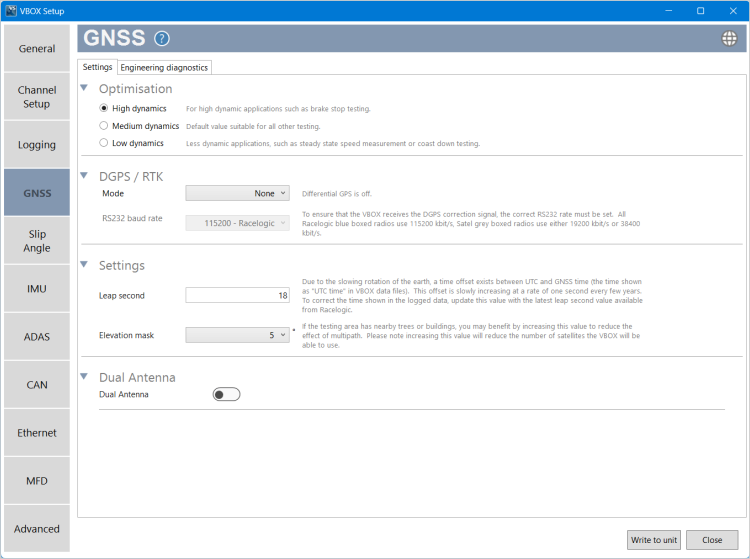 Screenshot of the GNSS menu in VBOX Setup when connected to a VBOX 4 ADAS unit.