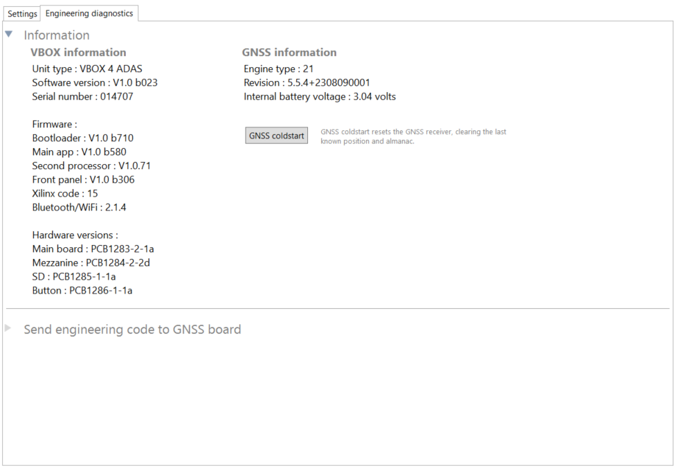 Screenshot of the Engineering Diagnostics tab of the GNSS menu in VBOX Setup.
