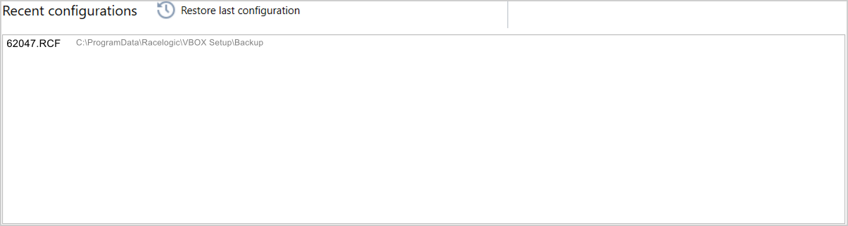 Screenshot of the Recent Configurations area of the General menu in VBOX Setup when connected to a VBOX 4 ADAS.