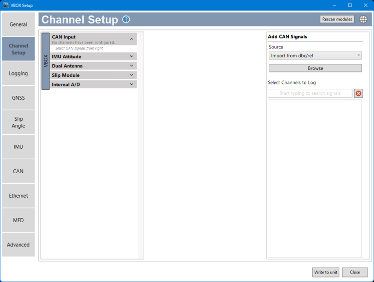 Screenshot of the Channel Setup menu in VBOX Setup with the Import from dbc/ref option selected as the input.