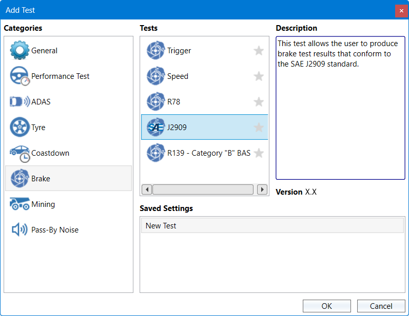 Add Test dialogue in VBOX Test Suite with Brake J2909 test highlighted. 