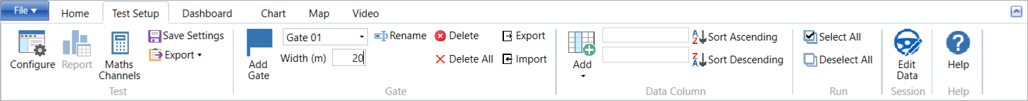 Test Setup tab on VBOX Test Suite ribbon in the Brake Speed plugin. 