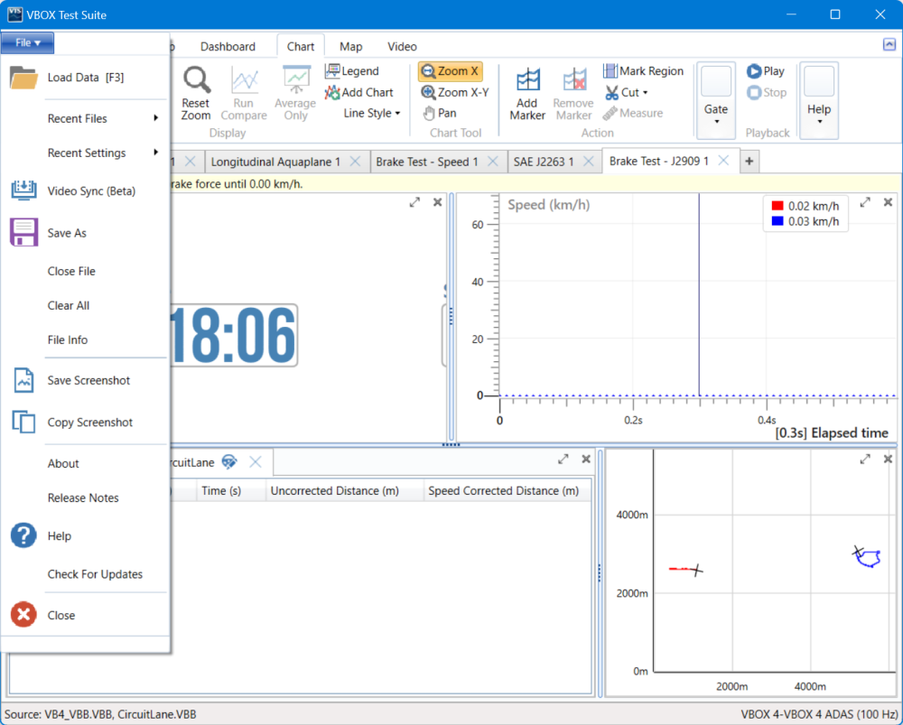 VBOX Test Suite with the File Menu expanded.