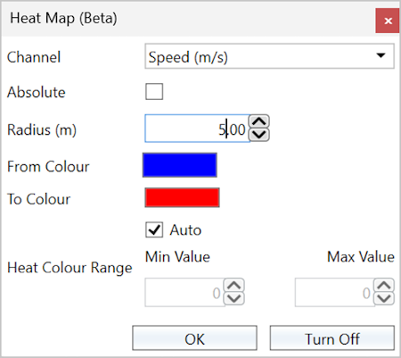 Heat Map dialogue in VBOX Test Suite with speed set to colour range between blue and red where blue is slowest and red is fastest.