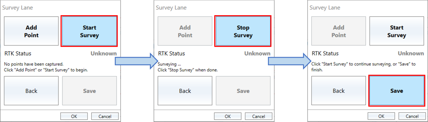 Survey Lane dialogue in Park Assist plugin in VBOX Test Suite, showing the step-by-step process of surveying a lane by walking it.