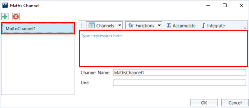 VBOX Test Suite Maths Channel dialogue with channel selected in the list on the left and the expression box highlighted on the right.