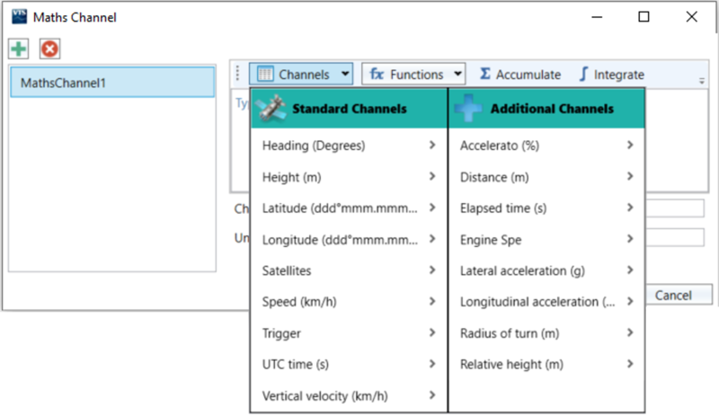 VBOX Test Suite Maths Channel dialogue with Channels dropdown open displaying the standard and additional available channels.