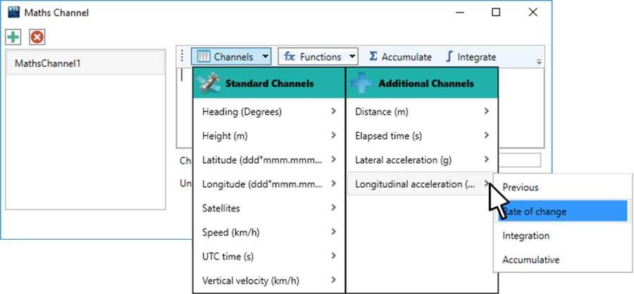 VBOX Test Suite Maths Channel dialogue with Channels dropdown open displaying the standard and additional available channels and the mouse pointer hovering over the arrow displaying the options for the channel.