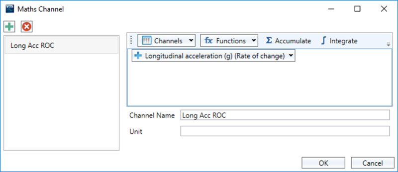 VBOX Test Suite Maths Channel dialogue with Longitudinal acceleration (g) channel with Rate of Change applied added to the expression in the editor area. 