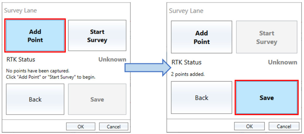 Survey Lane dialogue in the Park Assist plugin in VBOX Test Suite showing the steps in the process of adding two point to create a lane for a park assist test.  