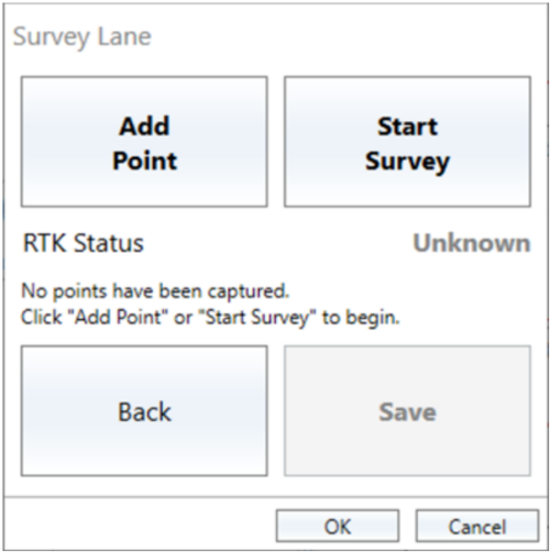 Survey Lane dialogue in a VBOX Test Suite Park Assist test, showing RTK status "Unknown".