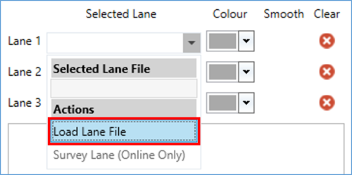 Cropped section of the Bay Sides settings in the Park Assist plugin in VBOX Test Suite, showing the Load Lane File option in the dropdown menu for Lane 1.