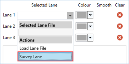 Cropped section of the Bay Sides settings in the Park Assist plugin in VBOX Test Suite, showing the Survey Lane option in the dropdown menu for Lane 1. 
