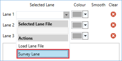 Cropped section of the Bay Sides settings in the Park Assist plugin in VBOX Test Suite, showing the Survey Lane option in the dropdown menu for Lane 1. 
