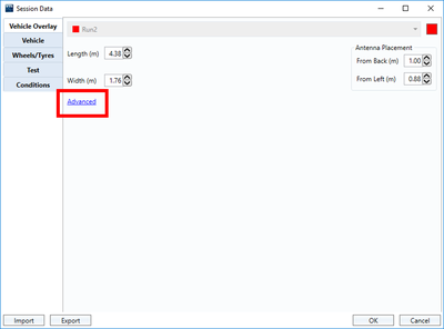 Session Data dialogue in the Park Assist plugin in VBOX Test Suite, with the Vehicle Overlay page open and "Advanced" highlighted. 