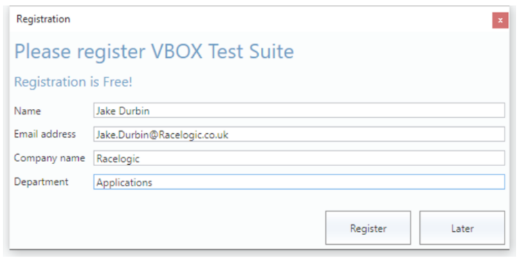 Registration popup in VBOX Test Suite showing example of entered information.