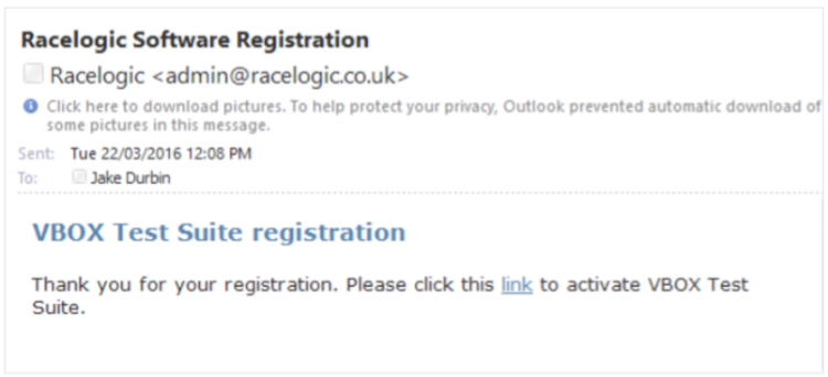 Example of Confirmation link email from VBOX Test Suite. 