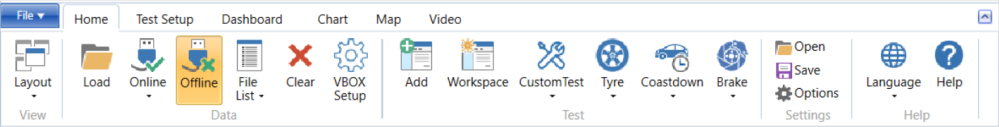 VBOX Test Suite ribbon with Home tab open.
