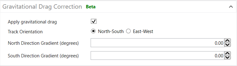 Gravitational Drag Correction settings for SAE J2263 Coastdown tests in VBOX Test Suite.