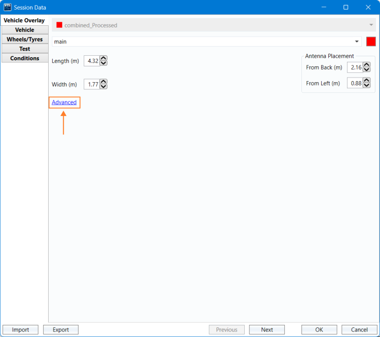 Session Data dialogue for UNR79 Max Lat. Acc. test plugin in VBOX Test Suite, with Advanced button highlighted.