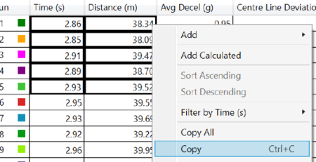 Cropped results in VBOX Test Suite with cells selected and available right-click options shown. 