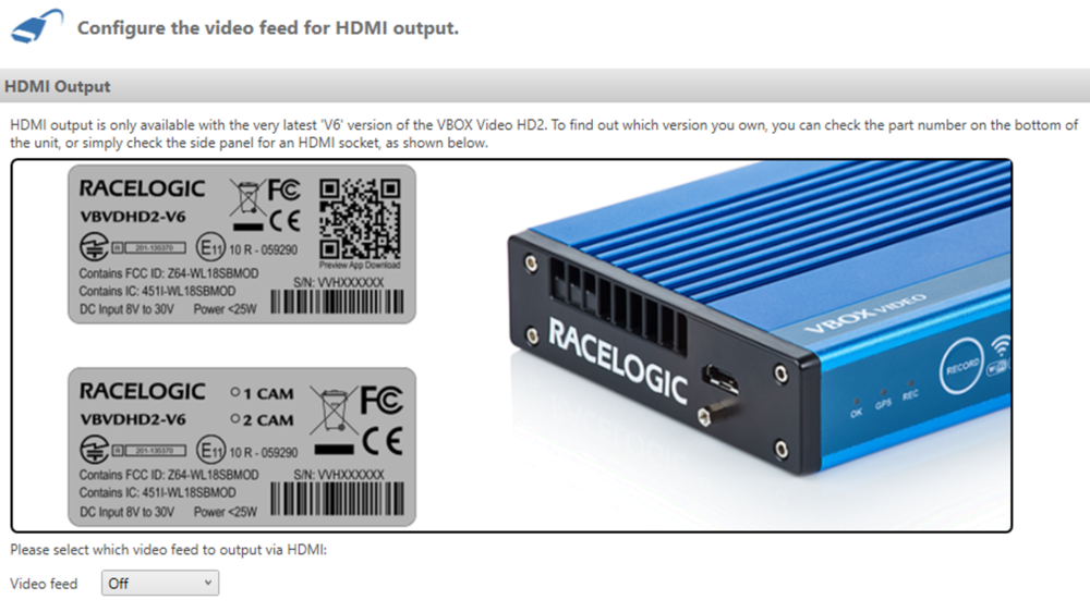 Screenshot of the HDMI Output settings in VBOX Video HD2 Setup software.