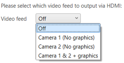 Screenshot of the HDMI Output settings dropdown in VBOX Video HD2 Setup software.