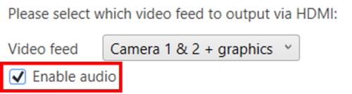 Screenshot of the HDMI Output settings dropdown in VBOX Video HD2 Setup software with Enable Audio highlighted.