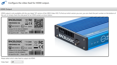 Screenshot of the HDMI Output settings in VBOX Video HD2 Setup software.