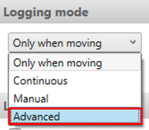 Screenshot of the available Logging Mode options with Advanced highlighted.