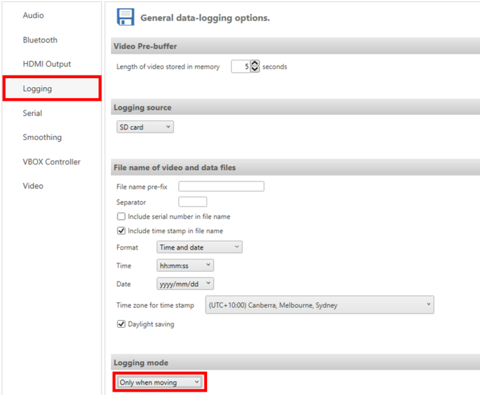 Screenshot of the VBOX Video HD2 Setup software with Logging highlighted.