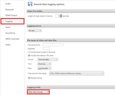 Screenshot of the VBOX Video HD2 Setup software with Logging highlighted.