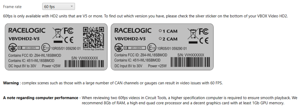 Cropped screenshot of the Frame Rate option in the General Settings menu of VBOX Video HD2 Setup for Windows.