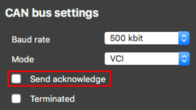 Screenshot of the CAN Bus Settings with Send Acknowledge disabled.