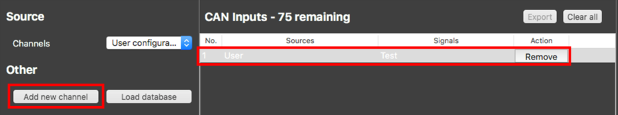 Screenshot of the Source settings with Add New Channel and an example CAN Input to choose.