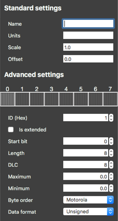 Screenshot of the Standard Settings when adding a new CAN input.