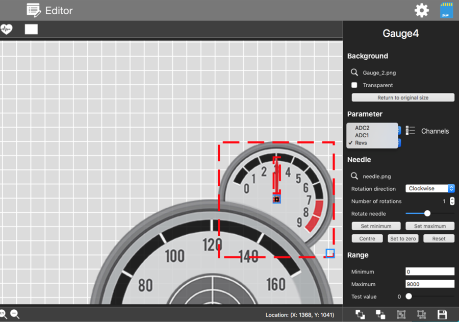 Screenshot of adding a CAN parameter to a Gauge element.
