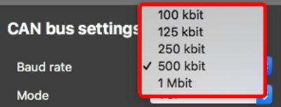 Screenshot of the CAN Settings menu with the CAN baud rate options displayed and highlighted.