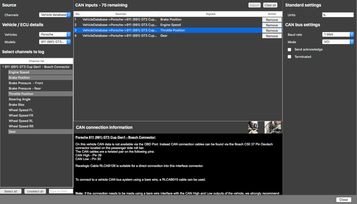 Screenshot of the full CAN Setup screen when using a vehicle database as the CAN source.