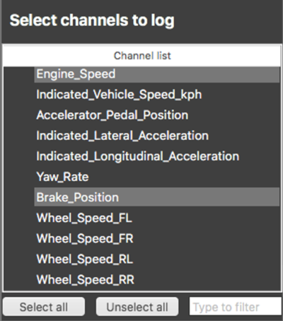 Screenshot of the Select Channels to Log settings with available channels displayed.