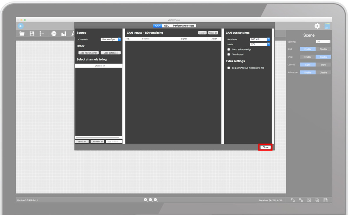 Screenshot of the CAN Setup screen with the Close button highlighted.
