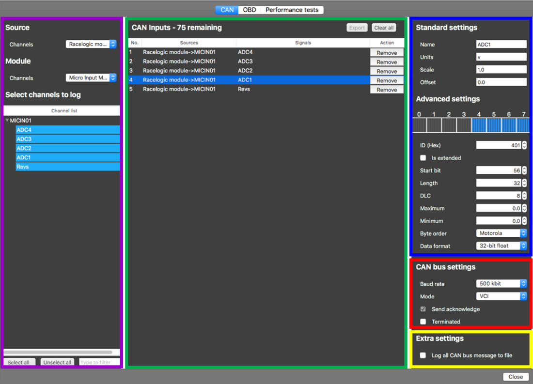 Screenshot of the CAN Setup screen with different areas highlighted using different colours.