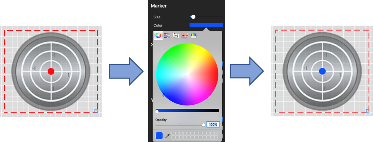 Images depicting how to change the colour of the marker using a colour selector within the Marker settings.