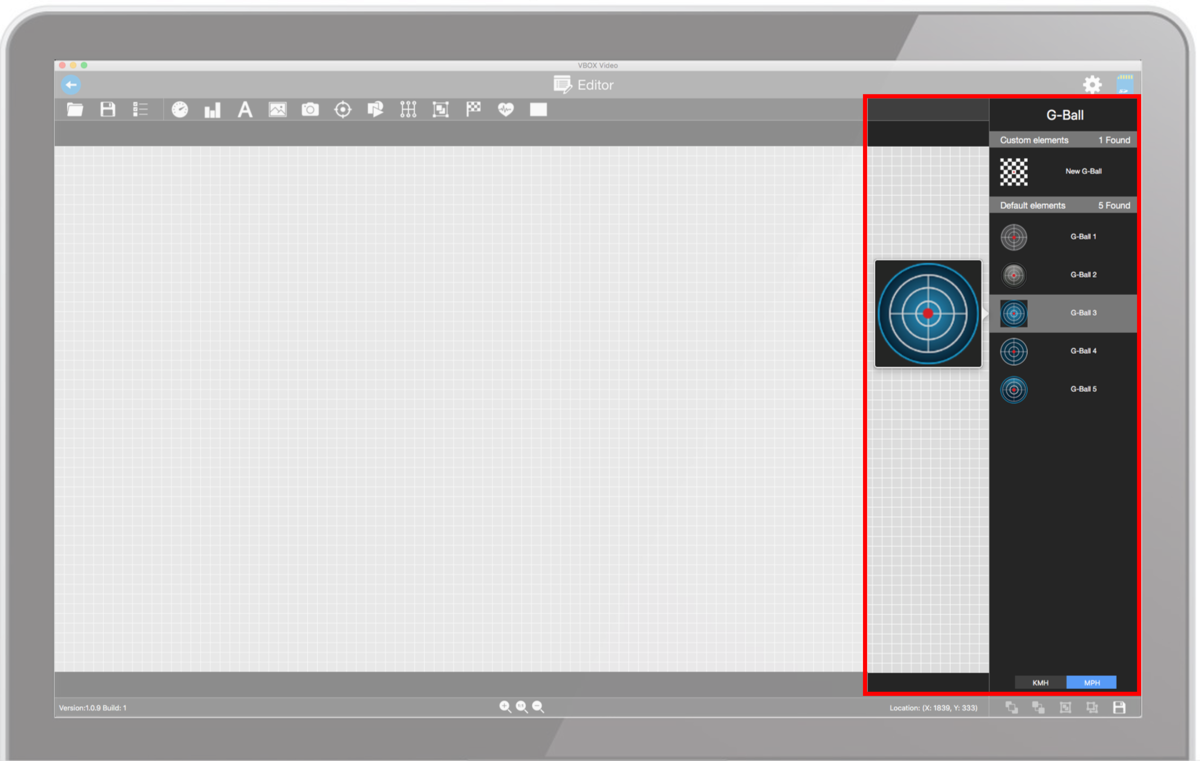 Screenshot of the software with the G-Ball Settings pane highlighted on the right hand side.