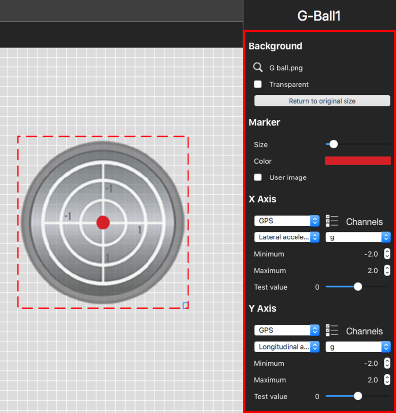 Screenshot of a G-Ball element on the canvas, and the G-Ball Settings pane highlighted on the right hand side.