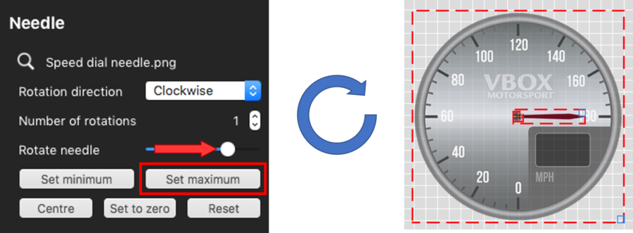 Images depicting how to set the needle so it sits at the maximum range position.