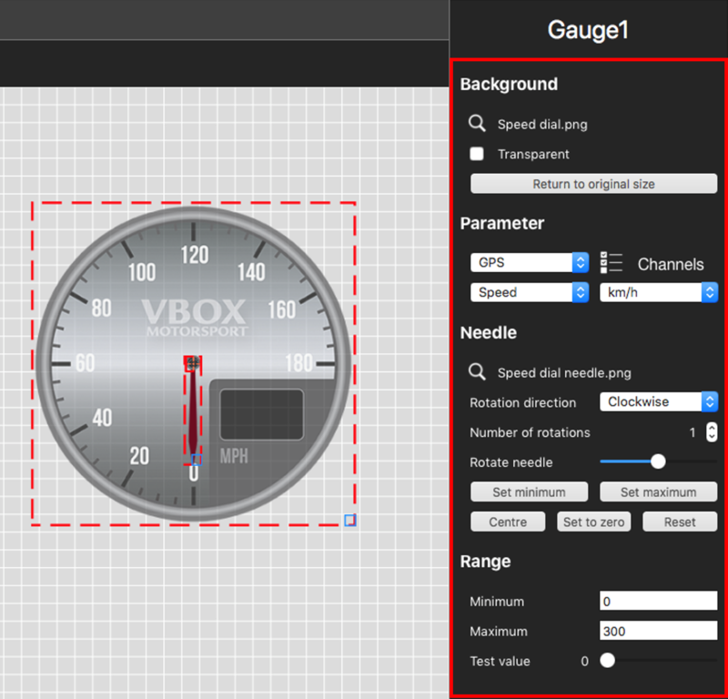 Screenshot of a new gauge added to the canvas with the settings pane highlighted on the right hand side.