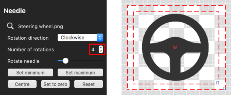 Images depicting setting the number of rotations that the gauge needle can make to 4.