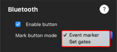 Screenshot of the Bluetooth settings for enabling a start/stop logging switch and selecting its function.